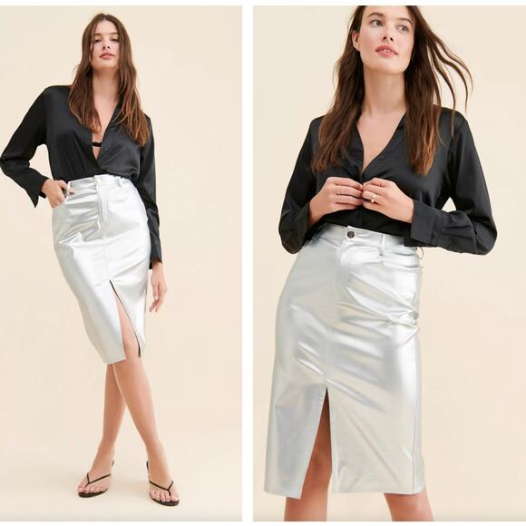 ANTHROPOLOGIE x PORRIDGE Metallic Pencil Skirt Silver Sz XL {G49} - Picture 1 of 6